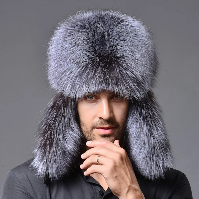 Men Russian Lamb leather bomber Faux Raccoon Fur hat winter hats with