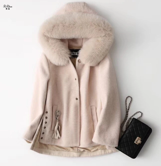 ZiZhen Winter Warm Women's Real Natural Sheep Shearling Fur Coat Wool Solid OverCoat With Fox Tirm Hood 180718-5 | Женская одежда