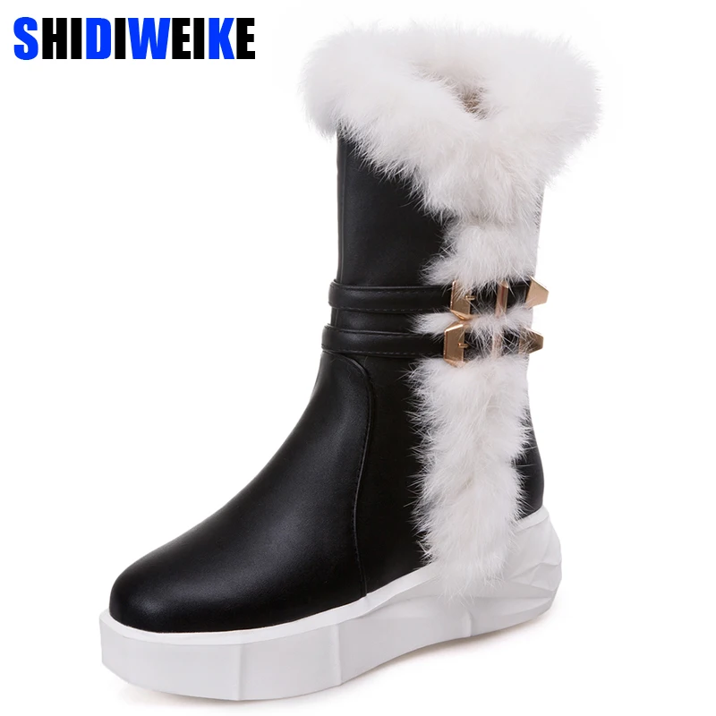 

Winter Women Snow Boots Warm Mid Calf Boots Platform Zipper Flats Casual Women PU leather Rubber Shoes n293