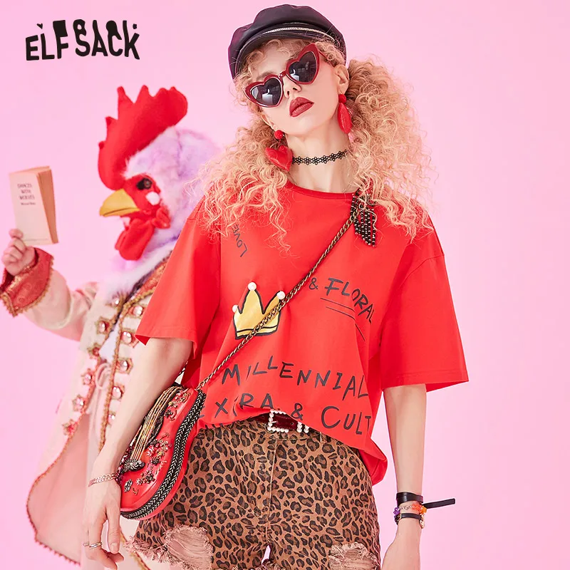 

ELF SACK Cotton Loose Women Tops Fashion Casual Beads Letter Print Streetwear Female T-shirt 2019 Summer New Oversized Woman Tee