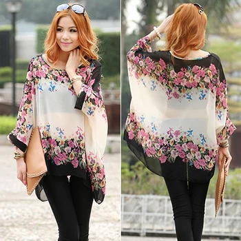 

Women Boho Style Loose Chiffon Dolman Batwing Sleeve Floral Oversize Blouse Tops