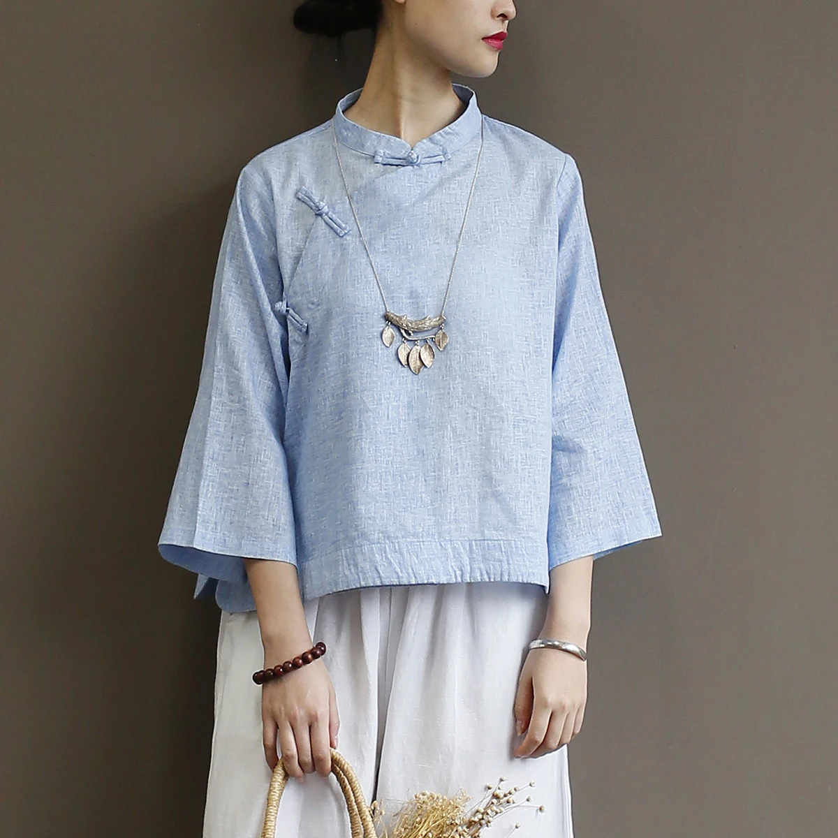 Women Short Loose Chinese Style Blouse Ladies Cotton Linen Vintage Summer Three Quarter Sleeve Retro Shirt Tops Female 2019 6