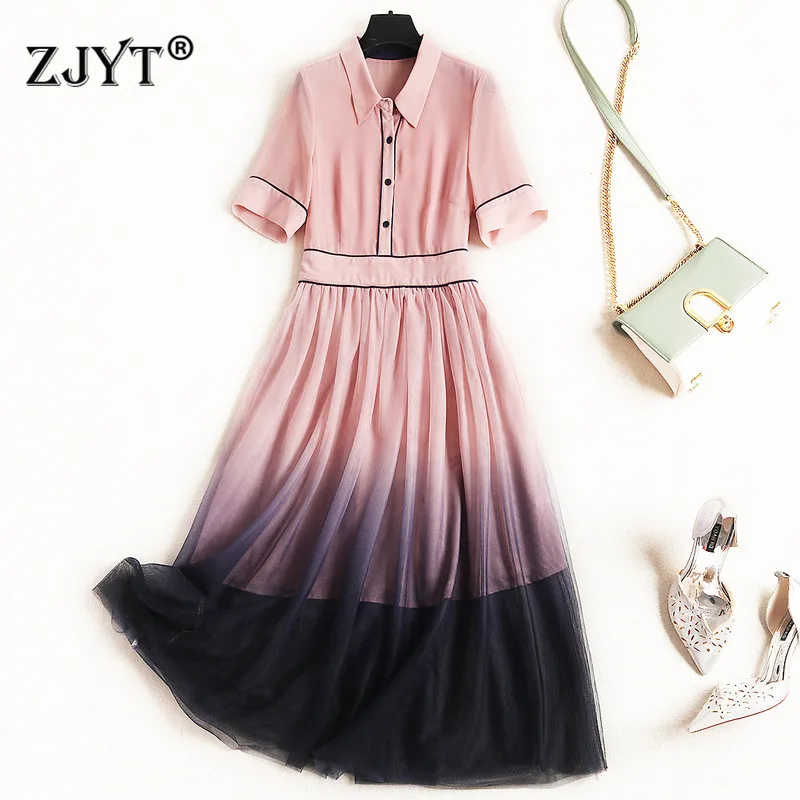 

2018 New Fashion Designer Woman Dress Shirt Collar Elegant Sweet Pink Gradient Causal Short Sleeve Summer Dress Female Vestidos