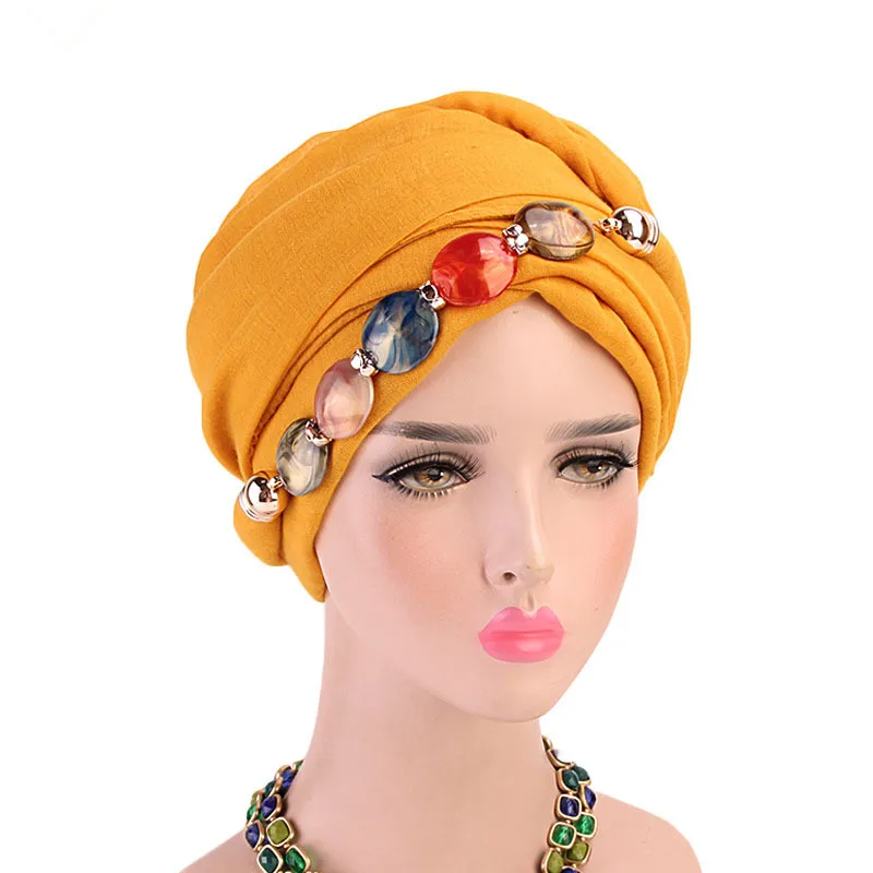 Мусульманский бисер Эластичный Тюрбан с оборками для волос шапки бини банданы шарф головной убор Головные уборы для женщин 23 - Цвет: Ginger