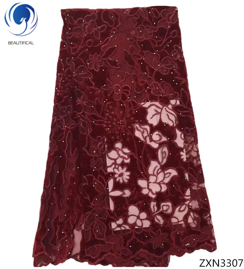 

BEAUTIFICA French tulle lace fabric with velvet 2018 best selling lace products velvet lace fabrics with stones 5yards/lot ZXN33