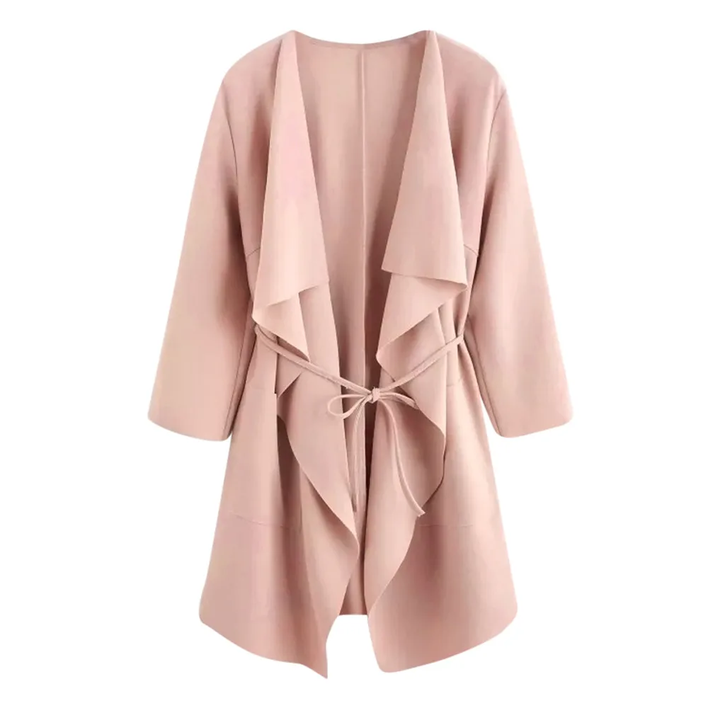 Для женщин Повседневное водопад воротник карман накидка пальто куртка верхняя одежда дамы Нерегулярные поясом - Цвет: Розовый