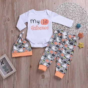 

Cute 3PCS Halloween Clothes Baby Boys Girls Long Sleeve O-neck Letter Print Romper+Long Pants+Hat Halloween Outfit Set 6-24M