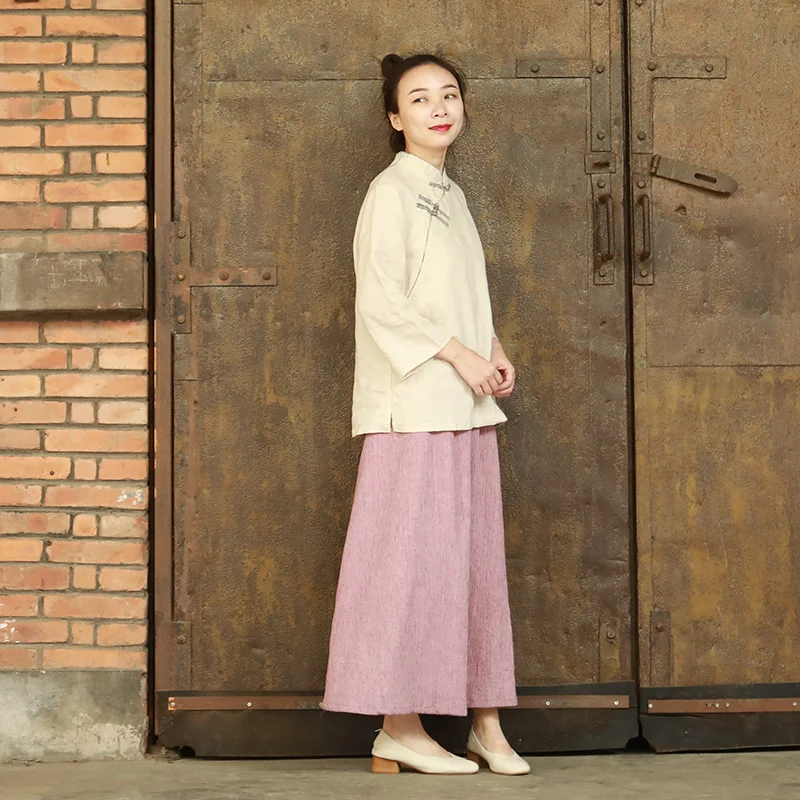 Women's Linen Chinese Style 34 Sleeve Blouse Qipao Top Shirt  (2)