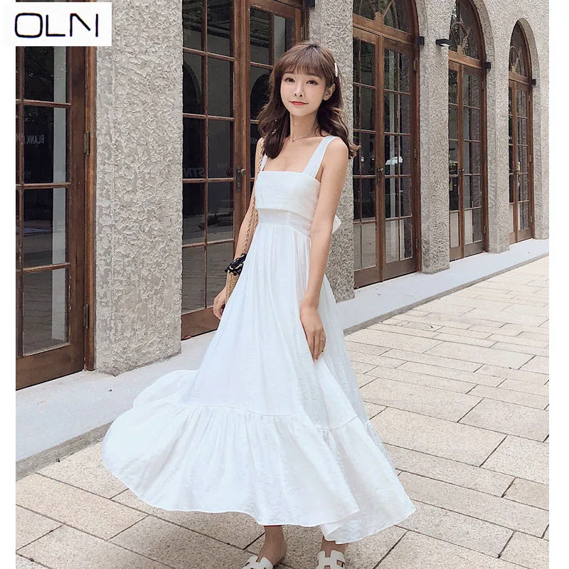 

New Thailand seaside holiday summer super fairy long dress gentle lazy wind word collar sexy back strap dress for women