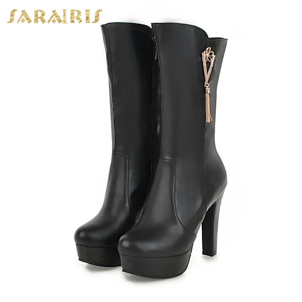 SARAIRIS/ г. Большие размеры 31-45, элегантная зимняя обувь на меху, на молнии женские ботинки до середины икры на платформе, на не сужающемся книзу высоком массивном каблуке