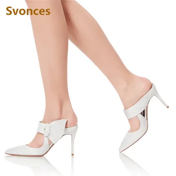 

Woman Sandals 2018 Fashion High Heels Lady Pumps Mules White Buckle Designer Slippers Party Wedding Pointed Toe Shoes Women EU44