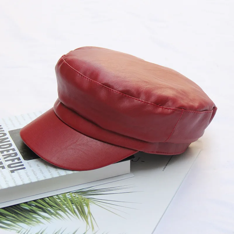 Осенне-зимняя черная английская восьмиугольная шляпа из искусственной кожи, остроконечная кепка для женщин, для отдыха, газетный берет, Кепка - Цвет: red