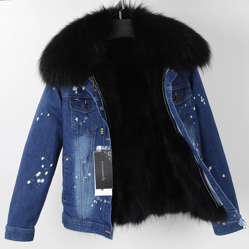 Fourrure Parkas D'hiver Veste 6 Raton Denim 2 Laveur Maomaokong Réel 3 Femmes Doublure Outwear 4 Chaud Naturel 1 De Épais 7 2018 8 Manteau Col Ewx56wB0tq
