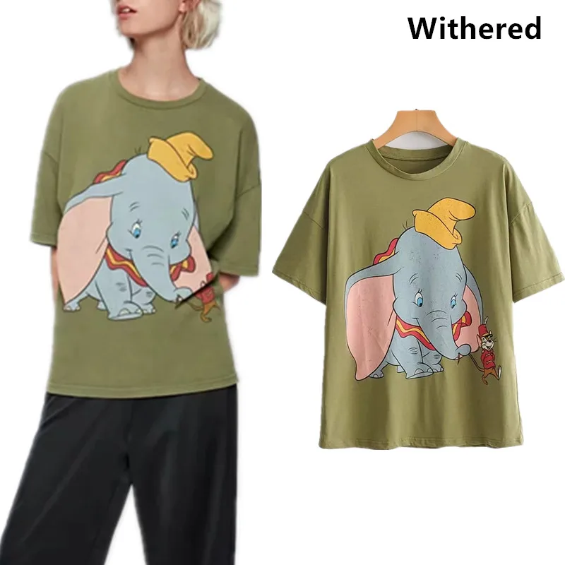 

Withered 2019 t-shirt women england style print cartoon elephant none regular casual t shirt women tops plus size