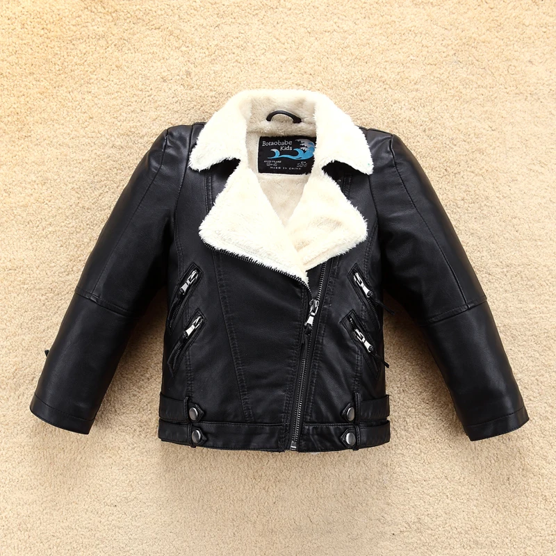 

New Girls Fleece Leather Jacket with White Fur Collar for Autumn Winter Kids Boys Coat Bomber Outwear Children's Clothing