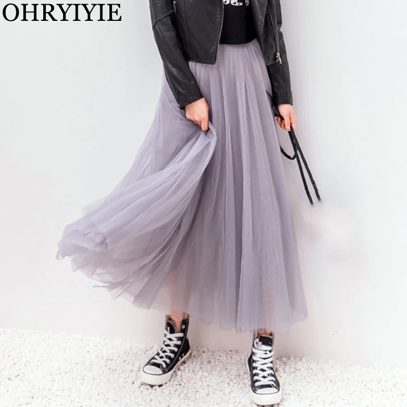 

OHRYIYIE 2020 Spring Summer Vintage Skirts Womens Elastic High Waist Tulle Mesh Skirt Long Pleated Tutu Skirt Female Jupe Longue