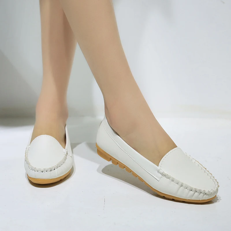 Autumn Spring Women Loafers Leather Slip on Shoes White Woman Shoes Ladies Solid Flats Boat Black zapatos mujer 2433