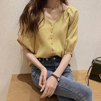 

Women Tops Solid Short Sleeve Button Up Chiffon Blouse Chiffon Office Lady Shirt V-neck Blouses