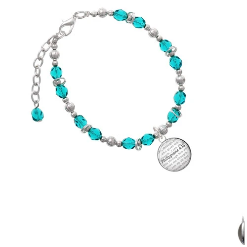 Silvertone Domed Philippians 4:13 Teal Beaded Bracelet
