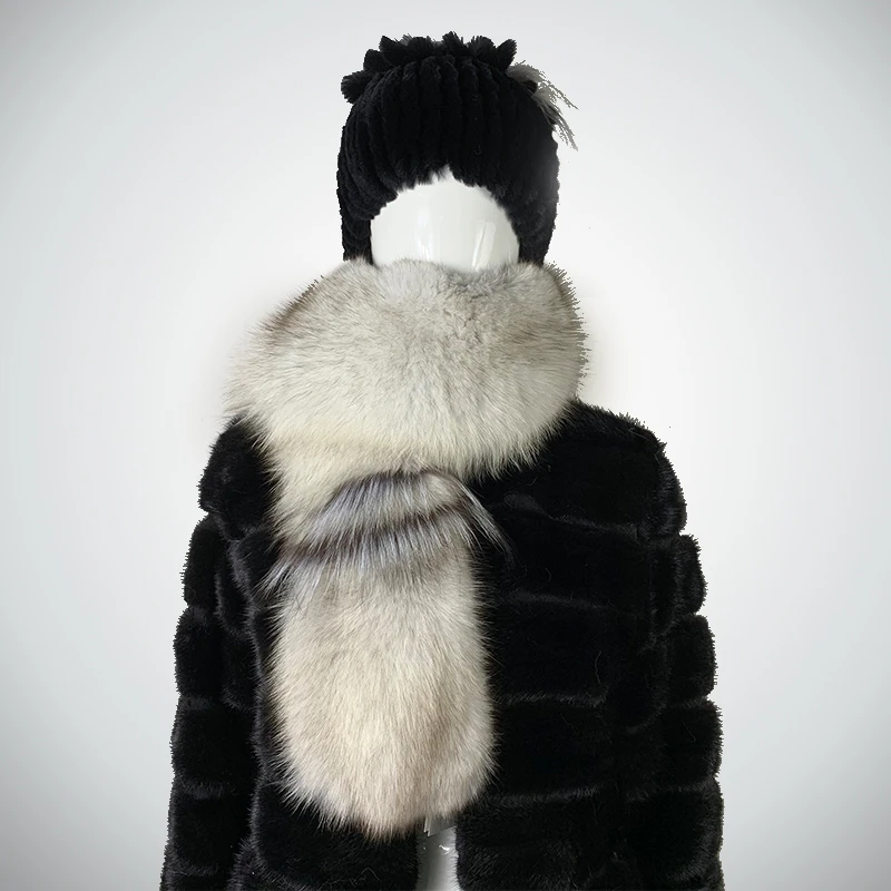 FURSARCAR Luxury Women Real Silver Fox Fur Scarf New Fashion Long Winter Blue Fox Fur Scarfs For Women Solid Color Scarves