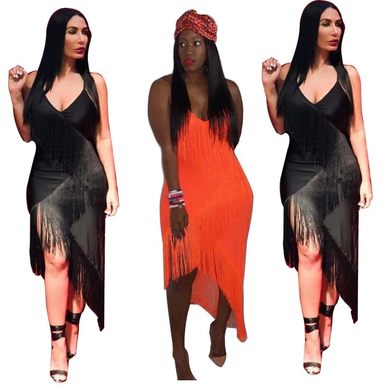 

Women's Summer Dress 2019 V-Neck High Waist Tassel Solid Color Sling Sexy Nightclub Dress Black Dress Plus Size Women's Clothing