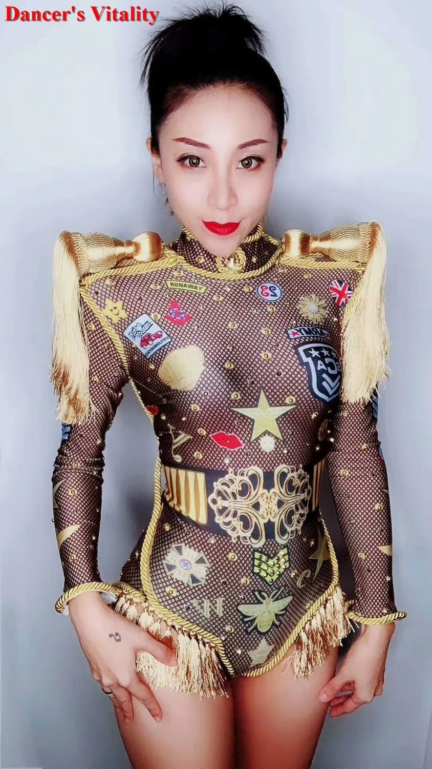 

Jumpsuit Dj Rhinestones One Piece Bodysuit Costume Printed epaulettes tassel stretch adult stage costume Outfit Singer clothing