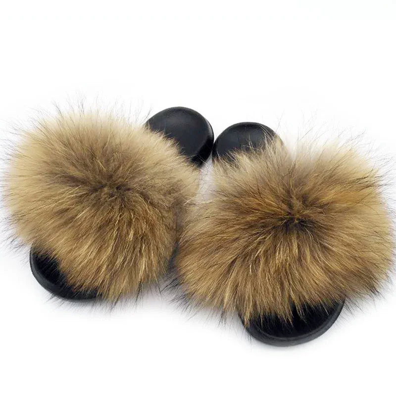 2019 New Summer Real Fox Fur Slides Women Non-slip Fluffy Fur Slippers Women Furry Slippers Ladies Cute Plush Fox Hair Slippers