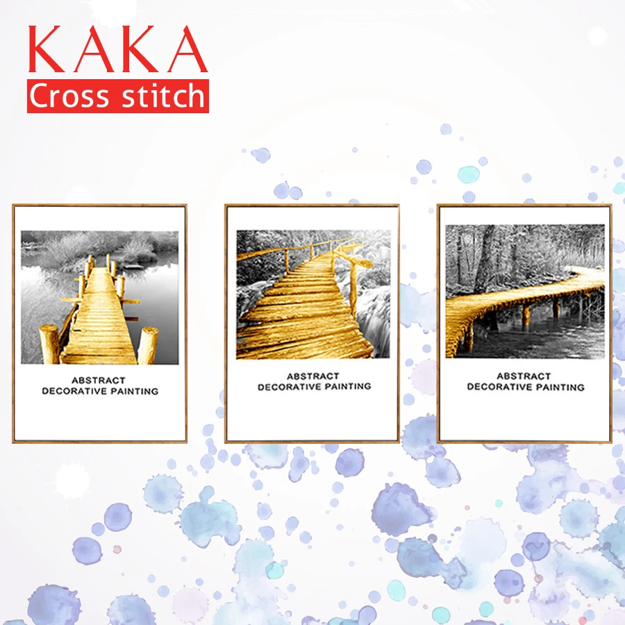

KAKA Cross stitch kits Embroidery needlework sets with printed pattern,11CT canvas,Home Decor for garden House,5D Gold Bridge