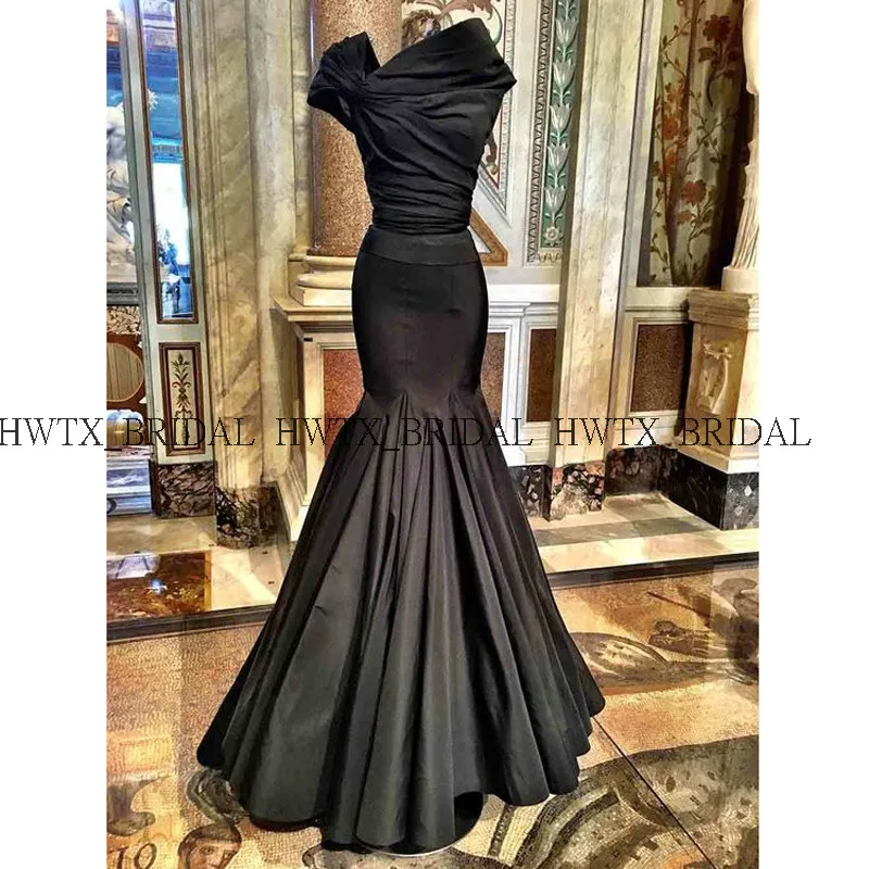 

Black Sexy Mermaid Evening Dress 2019 Cap Sleeve Pleat Satin Long Floor Length Women Formal Party Evening Gown Robe de soiree