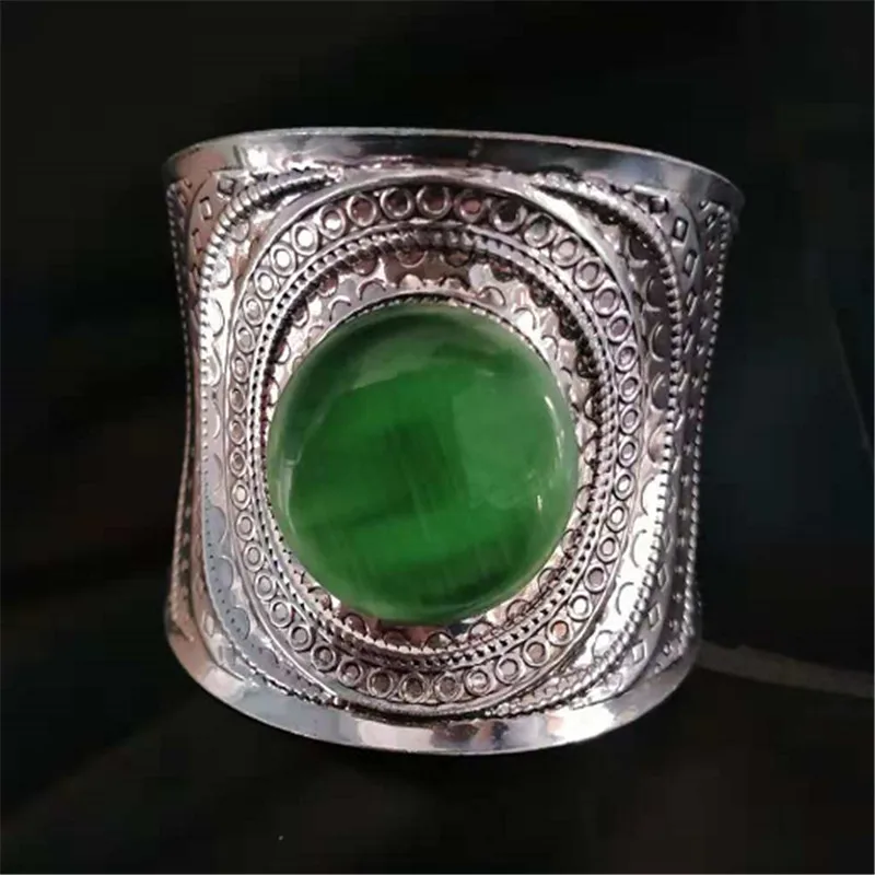 Винтажные широкие браслеты-манжеты и браслеты для женщин, древние серебряные браслеты, круглые Кристальные браслеты с зеленым синим камнем, ювелирные изделия в стиле бохо