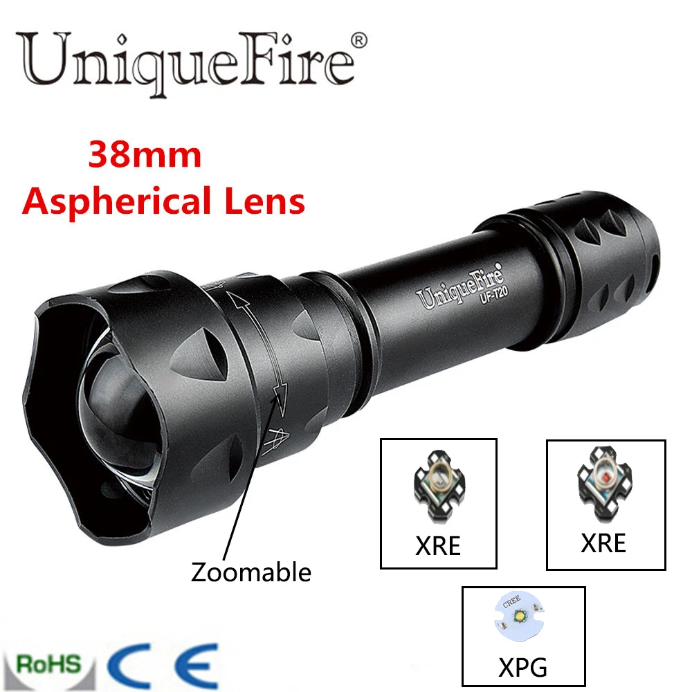 

UniqueFire T20 XRE/XPG Cree LED Flashlight Insert 3 Modes Memory Adjustable Zoom Green/White/Red Light Torch for Camping