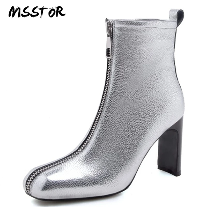

MSSTOR Zipper Fashion Black Leather Shoes Women Concise Square Toe Women Winter Shoes Autumn Strange Style Ladies Ankle Boots