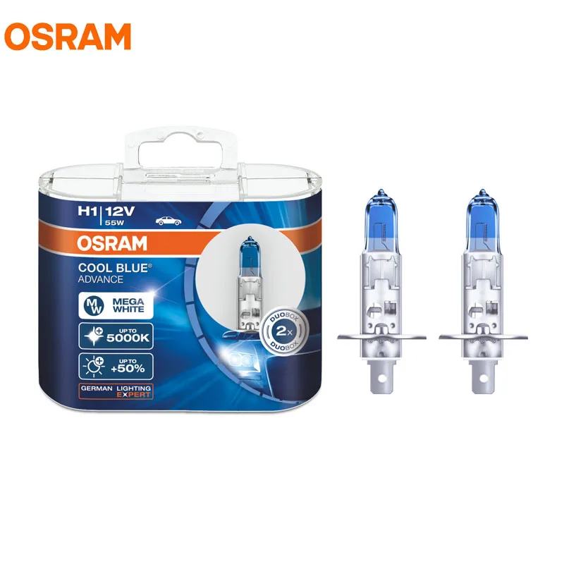 

Галогенные лампы OSRAM H1, 5000K, 12 В, 55 Вт, холодный синий свет, улучшенные ксеноновые лампы Mega, белые, на 50% больше светильник автомобильных фар, OEM лампы, пара 62150CBA