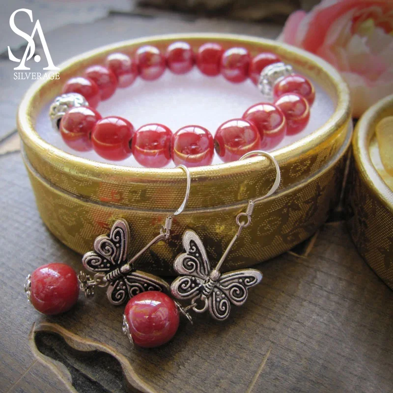 

SA SILVERAGE Butterfly Bracelet Earrings Stud Earrings Jewelry Sets Classic Jewelry Set Ceramic Bracelet Earrings Fish and Bones