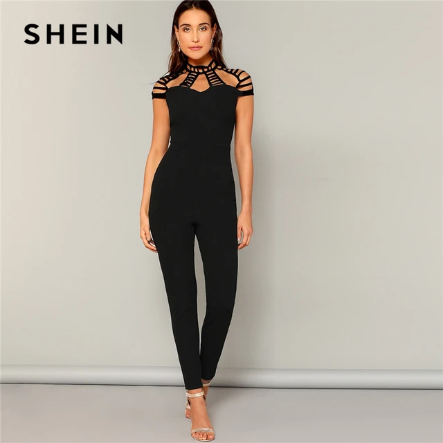 SHEIN Black Laddering Cut Yoke Form Fitted Solid Jumpsuit Women Summer ...