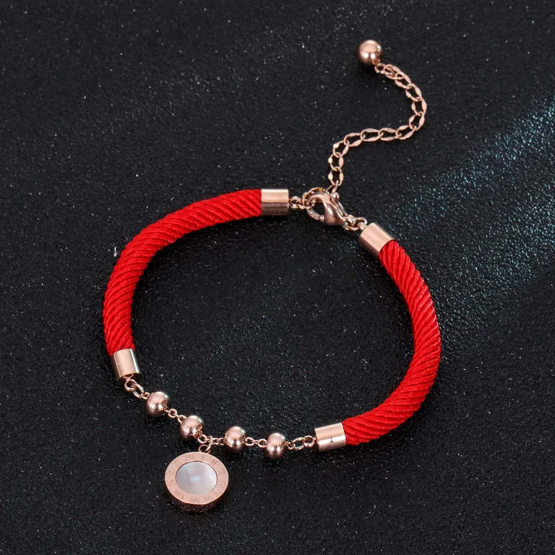

Rose Gold Color Titanium Steel Red Rope Bracelet with Double Faced Shell Roman numerals Charm Bracelet For Women