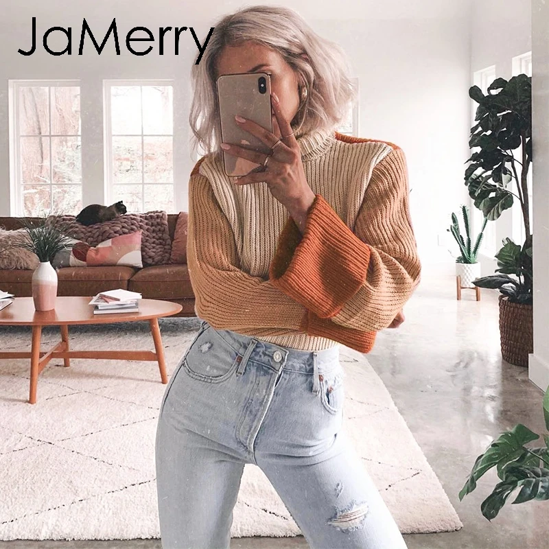 

JaMerry Vintage patchwork turtleneck knitted sweaters female Casual long sleeve korean pullover jumper Women streetwear sweater