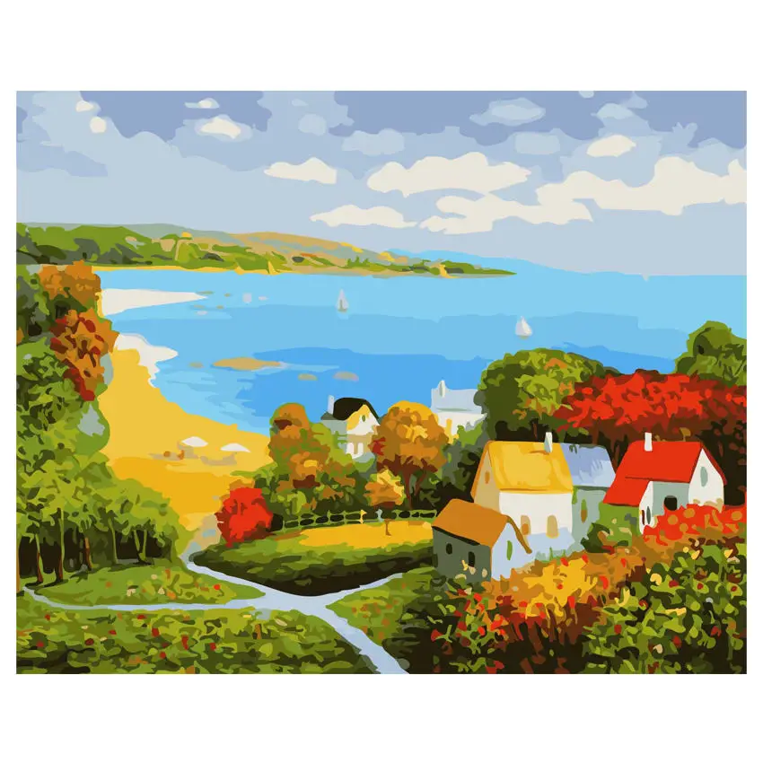 

RIHE Seaside Town Painting By Numbers Villa Oil Painting On Canvas Hand Painted Cabin Cuadros Decoracion Acrylic Paint Home Art