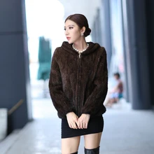 Autumn and Winter Women’s Genuine Knitted Mink Fur Jackets with Hoody Lady Warm Short Coats VF0123