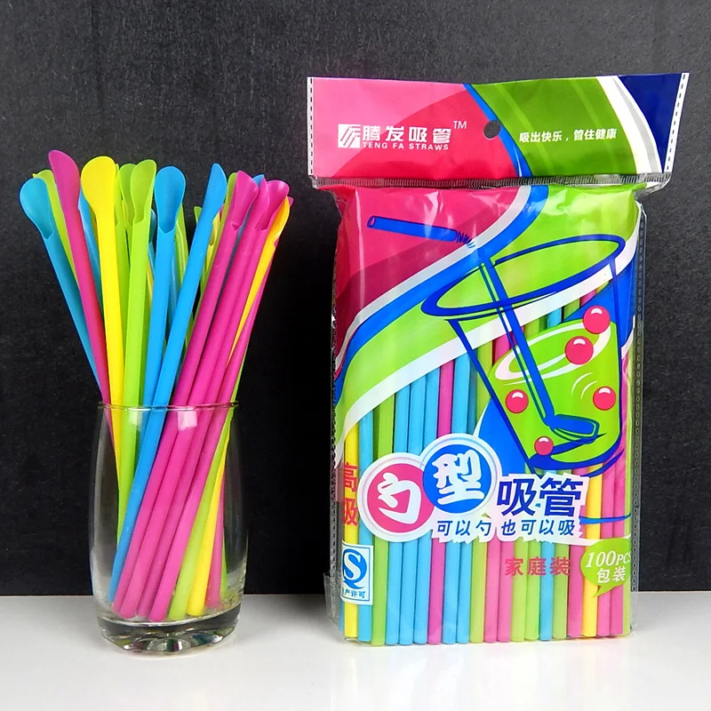 

100pcs Disposable color art Spoon straw drink juice fruit Coke creative style environmental protection plastic party Home