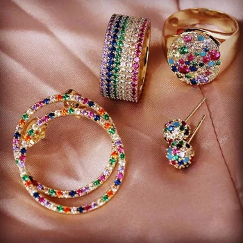

Super Shiny fashion rainbow earrings rose gold color micro pave coloful cz drop big circles fancy women round ear jewelry NEW