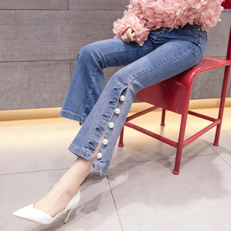 

2024 spring summer blue Side Stripe jeans female beaded nine points micro bell trousers Slim stretch Flare denim Pants S~2XL