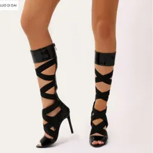 Модные женские сапоги до колена кожаные сапоги на тонком каблуке с вырезами Женские вечерние сапоги-гладиаторы на молнии ботинки на высоком каблуке