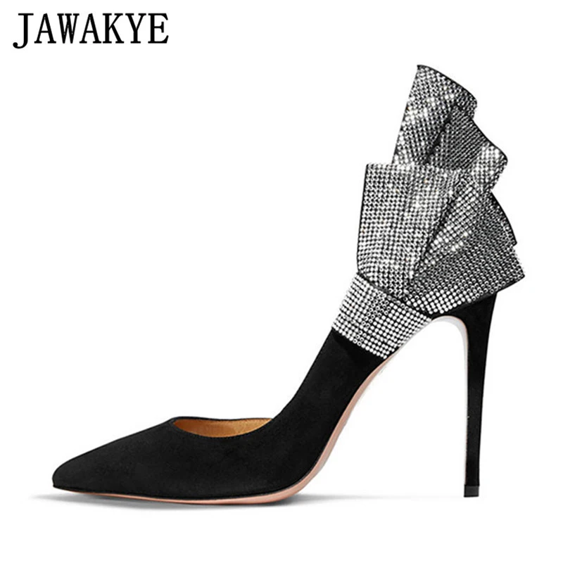 

Sexy Black Suede Crystal Studded Bowknot Women Pumps Pointed Toe Thin High Heels Shoes Fashion Slip On Party Shoes For Woman