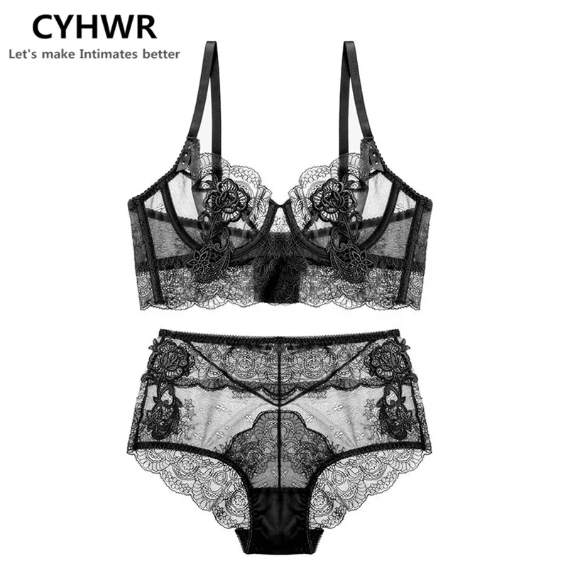 

CHYWR Women sexy underwear women brand adjusted-straps transparent slim push-up adjusting flower lace bra set