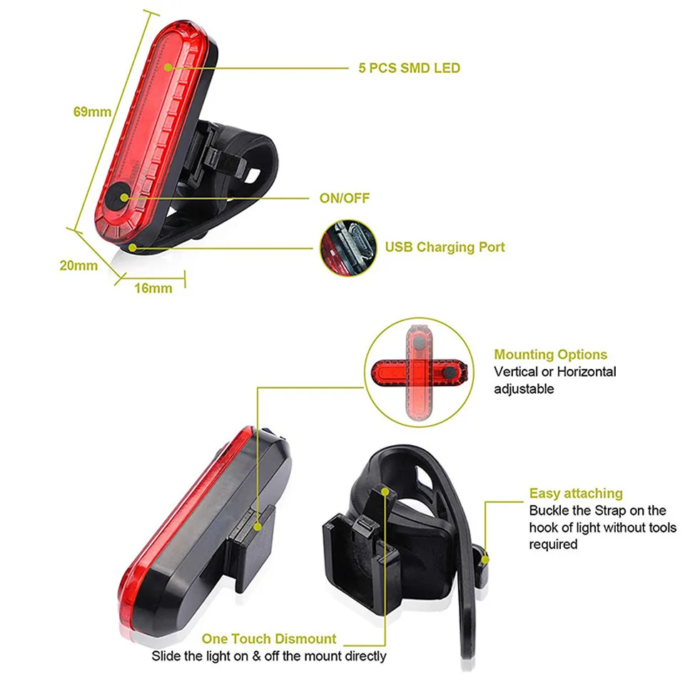 Велосипедный светодиодный Предупреждение светильник USB Перезаряжаемый водонепроницаемый светильник s велосипедный задний светильник с кронштейном