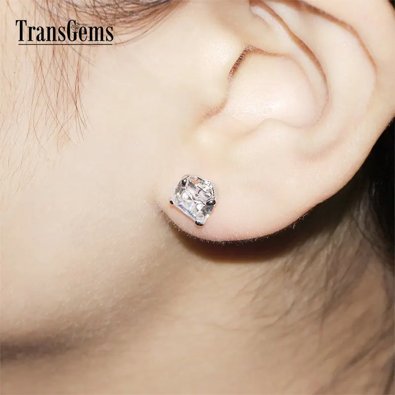 Transgems 14 к белого золота Asscher Cut Moissantie Diamond серьги гвоздики для женщин 4CTW 7 мм Asscher 2ct каждый Moissanite F цвет