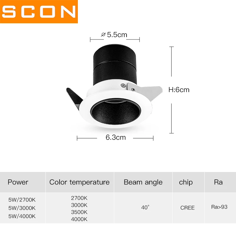 SCON, AC110-240v, 5,5 см, 5 Вт, плафон, Embeded, для мытья стен, для интерьера, фокусировка, освещение, мини-прожектор