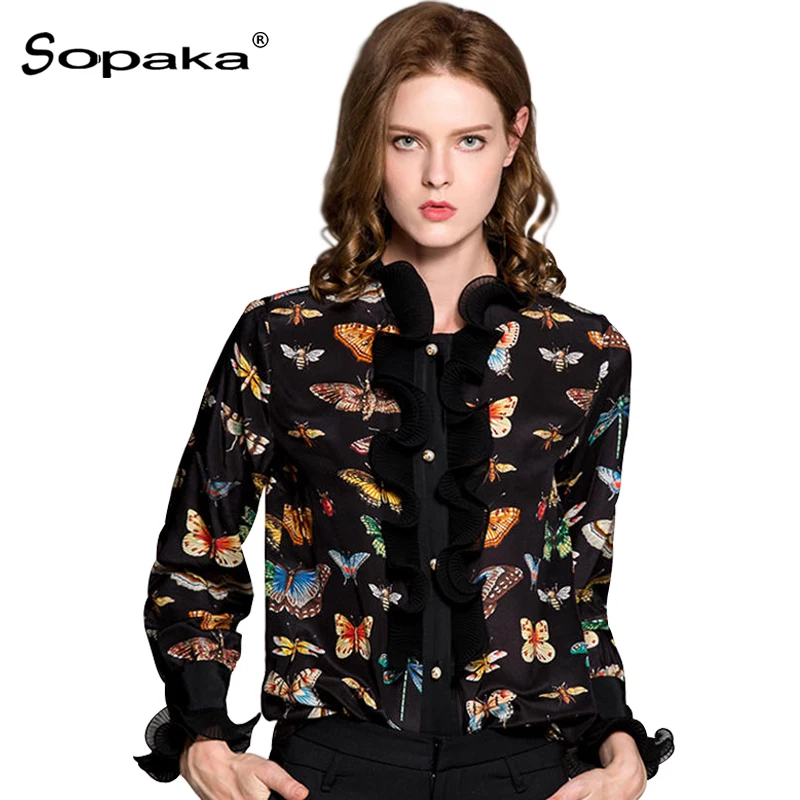 2018 Spring Black Floral butterfly Printing Long Sleeve Ruffled Collar Vintage Women Shirts Tops High Quality Blouse clothing 