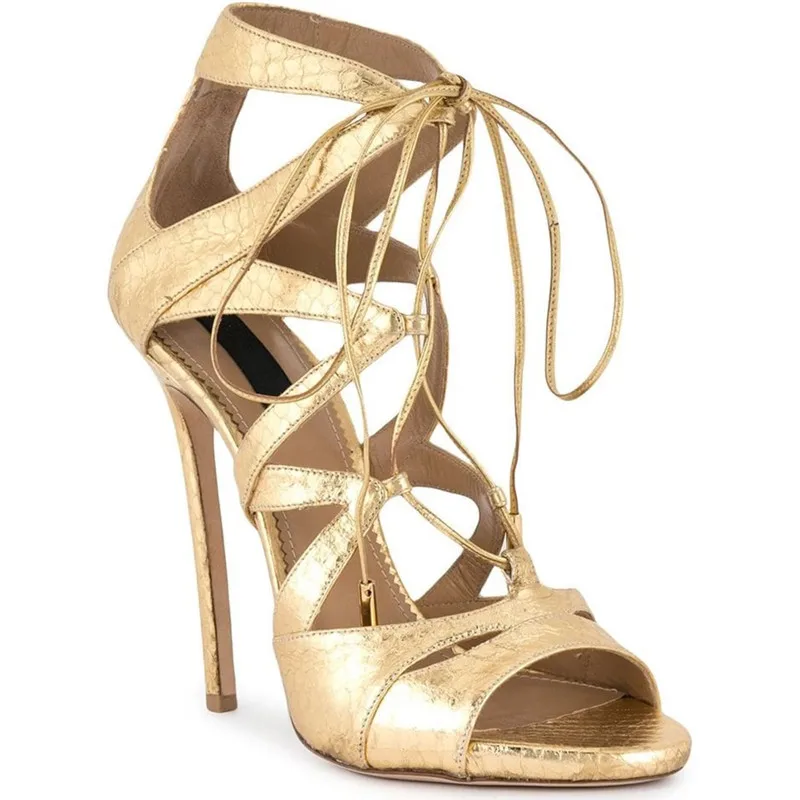 New Golden Snakeskin High Heels Gladiator Women Sandals Platform Cross tied High Heels Shoes Women Roman Womans Strip Sandals